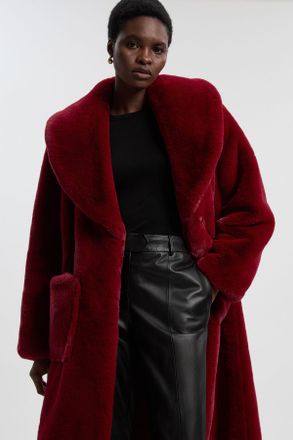 Karen Millen Womens Petite Faux Fur Buttoned Midi Coat - Red - Size 10 UK