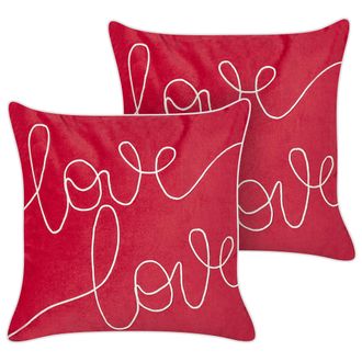Beliani Beliani - Conjunto De 2 Cojines Almohada Decorativa De Terciopelo Bordada A Mano Con Escritura Cuadrado 45 X 45 Cm Rojo Siderasis