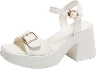 Generic Summer Womens Square Toe Sandals with Metal Buckle Belt Strap and Medium Heel for Large Size Comfortable Footwear (White, 6.5)