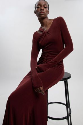 Karen Millen Womens Slinky Crepe Twist Detail Maxi Dress - Chocolate - Size X-Small