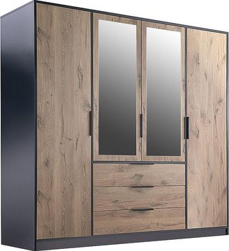 Vente-Unique Armario 4 puertas y 3 cajones - Con espejos - Ancho 196 cm - Color: Natural y negro - LAMIKI