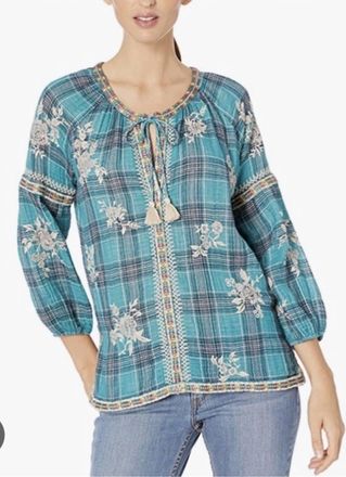Johnny Was Sophia Peasant Top In Plaid
