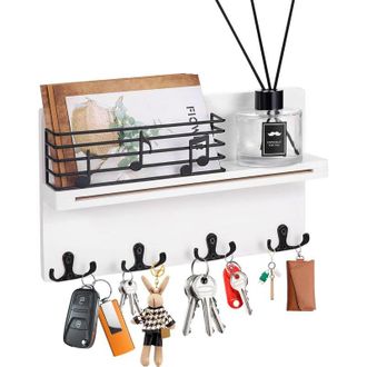 OEM Soporte De Pared Para Llaves, Perchero Con 4 Ganchos Dobles Y Rejilla, Organizador De Pared De Madera Con Estante Para Entrada, Guardarropa, Blanco