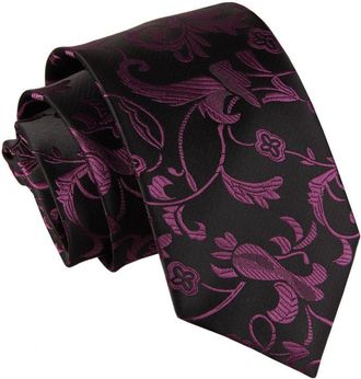 DQT Floral Patterned Wedding Classic Standard Neck Tie for Men - Black and Purple