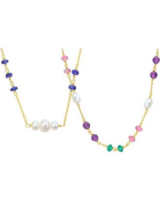 Rina Limor 2Pc Silver 7.15 Ct. Tw. Amethyst, Green Onyx, Pink Tourmaline, Blue Sapphire & 4-6.5 Mm Pearl Beads Necklace Set