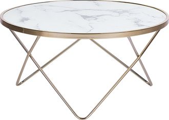 Beliani Mesa De Centro Tablero De Cristal Templado Con Efecto M&aacute;rmol Blanco Patas De Horquilla De Metal Dorado Forma Redonda Meridian Ii