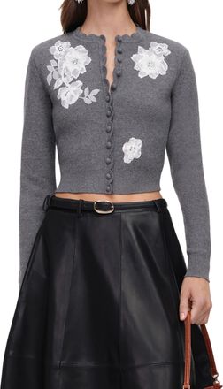 Self Portrait Cropped Fitted Sweater with Scalloped Neckline and Floral Appliqu&eacute;s