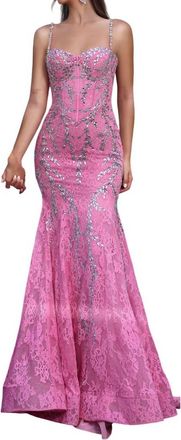 Portia & Scarlett Lace And Crystal Mermaid Gown In Pink/silver