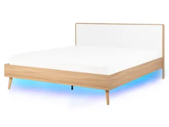 Beliani Beliani - Letto Marrone Chiaro Testiera Bianca A Doghe Con Luci Led 160 X 200 Cm Serris