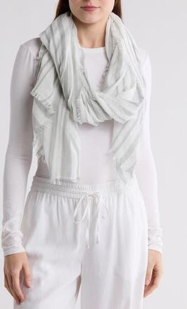 Vince Variegated Stripe Cotton Fringe Scarf in Sea Stone Off White at Nordstrom Rack