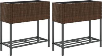 vidaXL Garden Planters with Shelf 2 pcs Brown 70x28x70 cm Poly Rattan vidaXL