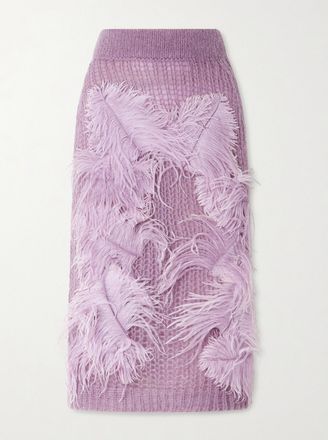 The Attico Gonna Midi In Maglia Crochet Con Piume - Viola