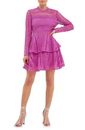 endless rose Tiered Lace Long Sleeve Minidress in Orchid at Nordstrom, Size Small