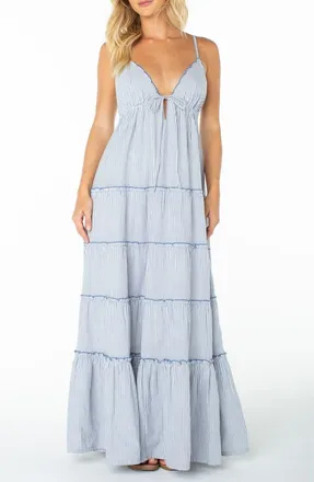 Roxy Starlight Striped Tiered Maxi Dress in Dutch Blue at Nordstrom, Size Medium