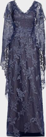 Rene Ruiz V-Neck Lace Cape Gown