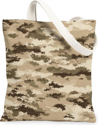 Generic Camouflage Canvas Tote Bags, Stylish Desert Pattern Reusable Grocery Bags, Fall Outdoor Adventure Lightweight Washable Shou, Beige, 13x15 Inch