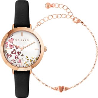 Ted Baker Ammy Hearts Leather Strap Watch & Bracelet Set, 34mm in Black at Nordstrom