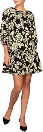 Melloday Floral Balloon Sleeve Babydoll Minidress in Black Ivory at Nordstrom Rack, Size X-Small