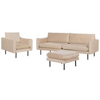 Beliani Conjunto De Sala De Estar 3 Plazas Estilo Retro Moderno Sof&aacute; Sill&oacute;n Otomana De Terciopelo Beige Patas Negras Vinterbro