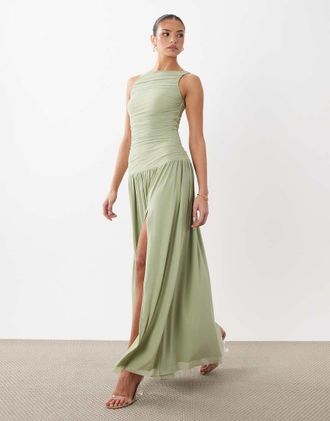 Ra-Re London - Vestito lungo premium sinuoso e arricciato in rete verde chiaro con spacco