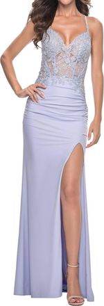 La Femme Long Jersey Dress With Ruched Skirt Prom Dress In Light Periwinkle