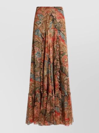 Etro long silk skirt paisley pattern ruffles