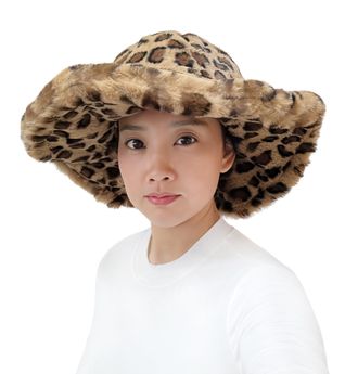 Lina & Lily Oversized Womens Winter Bucket Hat Faux Fur Wide Floppy Brim (Leopard Brown 1)