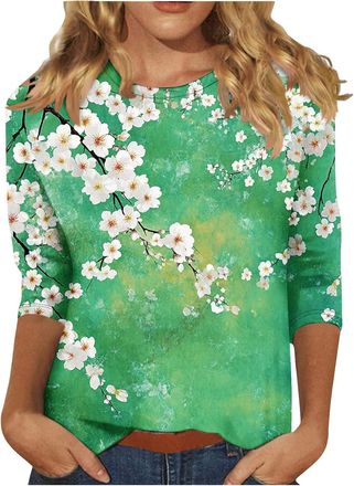 Generic Mis Pedidos Womens Casual 3/4 Sleeve Blouse UK Summer Fashion Crewneck Tunic Tops Funny Floral Butterfly Polka Dots Print Shirts Dressy Comfy Breathab