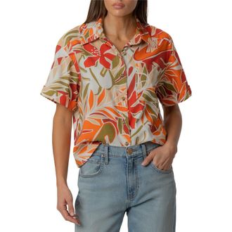 Kut from the Kloth Aida Stretch Cotton Blend Short Sleeve Button-Up Top in Red/Orange at Nordstrom, Size X-Small