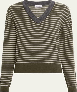 Brunello Cucinelli Striped Wool-Cashmere V-Neck Sweater