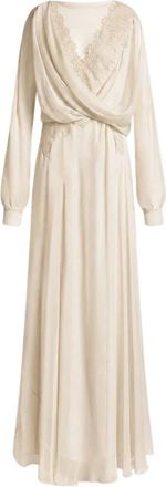 Alberta Ferretti Vestido largo de gasa de seda con inserciones de encaje - Dresses - Mujer - Beige - XS