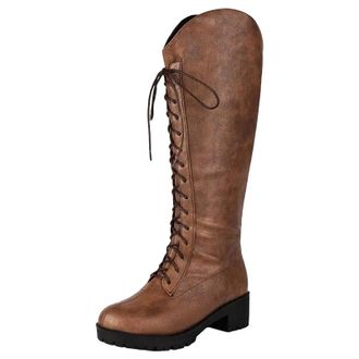 Generic Womens Retro Knee High Equestrian Boots Round Toe Medium Block Heel Platform With Lace Up For Daily Wear