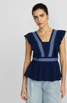 Lands End Lightweight Jersey Ruffle Peplum Top in Deep Sea Mosaic Tile Border at Nordstrom, Size X-Large P