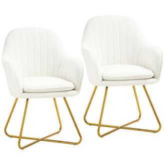HOMCOM Dining Chair Set of 2 - Sherpa Fleece Armchair with Steel Legs - Cream | TJ Hughes