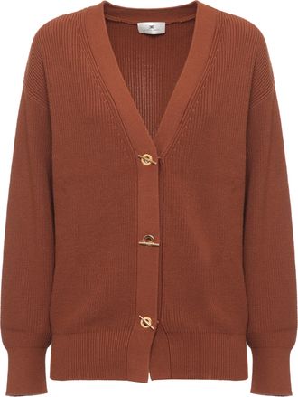 Elisabetta Franchi V-Neck Ribbed Sweater with Gold T-Decoration