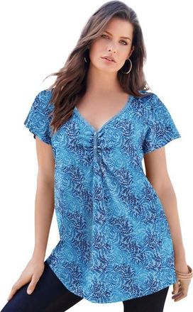 Roaman's Plus Size Cotton Ultimate Flutter Sleeve Sweetheart Tee in Blue Flowy Leaves at Nordstrom, Size 36
