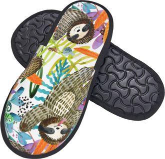 Generic Cotton Slippers Watercolor Sloth Tropical Plant With Mute Sole Shoes Warm Sliders For Adult Bedroom Big Kid L