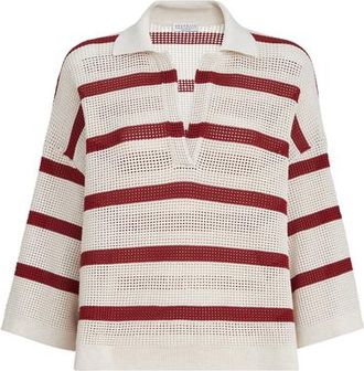 Brunello Cucinelli Cotton striped net knit polo shirt in Bordeaux at Nordstrom, Size 3X-Large Eu