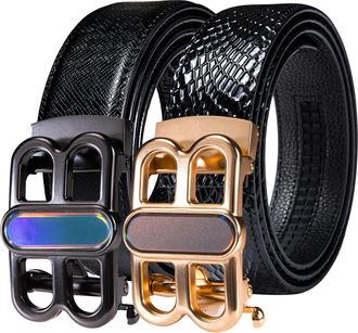 Barry.Wang 2 Pack Ratchet Belt for Men Black Leather Belts Alligator Gold Buckle 1 3/8 Quick Release Slide Business Wedding