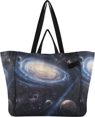 Generic Galaxy Blue Planet pattern Reusable Canvas Tote Bag, Heavy Duty Grocery Shopping Bag with Large Capacity Double Handles Hard Bottom Work Groceries Tra