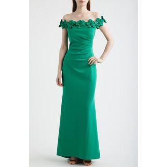 Eliza J 3D Floral Off the Shoulder Gown in Green at Nordstrom, Size 14