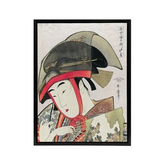 Artery8 Woman Dancer With Fan Framed Canvas Wall Art Print Utamaro Kitagawa in Green | Size: W24 x H32