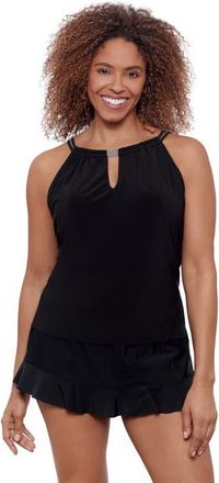 Aqua Green High Neck Keyhole Full Coverage Adjustable Tankini Swimsuit Top in Black at Nordstrom, Size X-Large