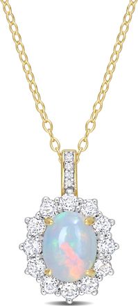 Mimi & Max 2 1/6 CT TGW Oval Shape Blue Ethiopian Opal and White Topaz and Diamond Accent Halo Pendant with Chain in Yellow Plated Sterling Silver