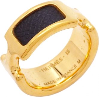 Herm&egrave;s Gold Black Gold Plating Leather Band Ring (Pre-Owned)