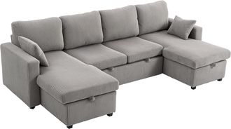 Mauro Ferretti Divano Letto Moderno A U Con 2 Chaise Longue E Vani Contenitore, Velluto A Coste, 282x140x86 Cm, Grigio