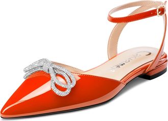 Castamere Women Low Heel Pointed Toe Ankle Strap Flats Shoes Pumps Court Shoe Rhinestone Crystal Prom Party 1 CM Heels Orange 9 UK