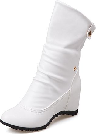 Generic Womens Mid-Calf Boots With Wedge Heel Ruched Design Side Zipper Round Closed Toe Metal Button Accents Soft Inner Lining Durable Non-Slip Outsole,White