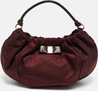 Ferragamo Burgundy/brown Nylon And Patent Leather Vara Bow Hobo
