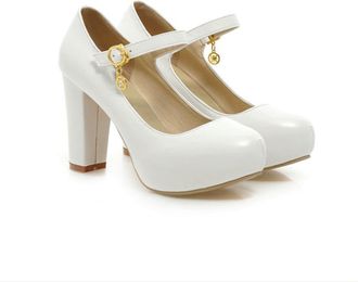 Generic Womens Bridesmaid Mary Jane Shoes - Block Heel Round-Toe Wedding Party Pumps,White,7.5 UK